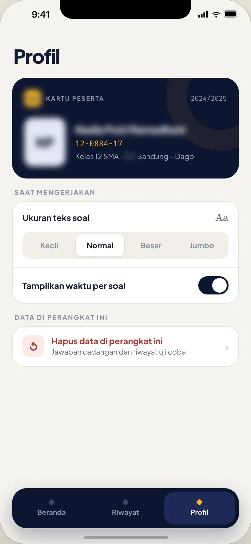 Phone app profile with the participant card, the text size for questions, a switch for time per question and a button to clear data on this device