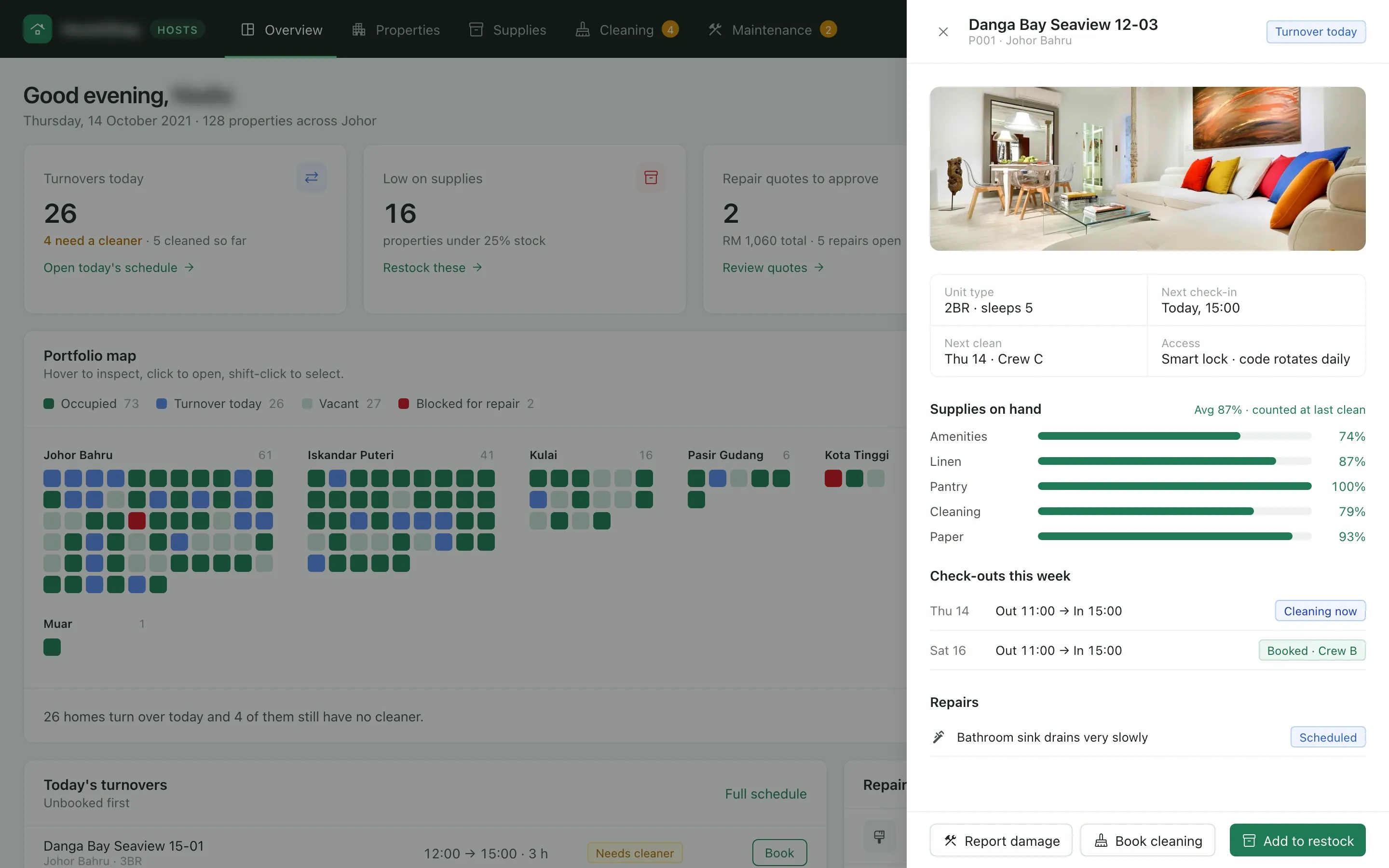 Host portal overview with the portfolio map of 128 properties by area, and a drawer for a 2BR unit with a turnover today, supplies by category, two check-outs this week and a scheduled repair to a slow bathroom sink