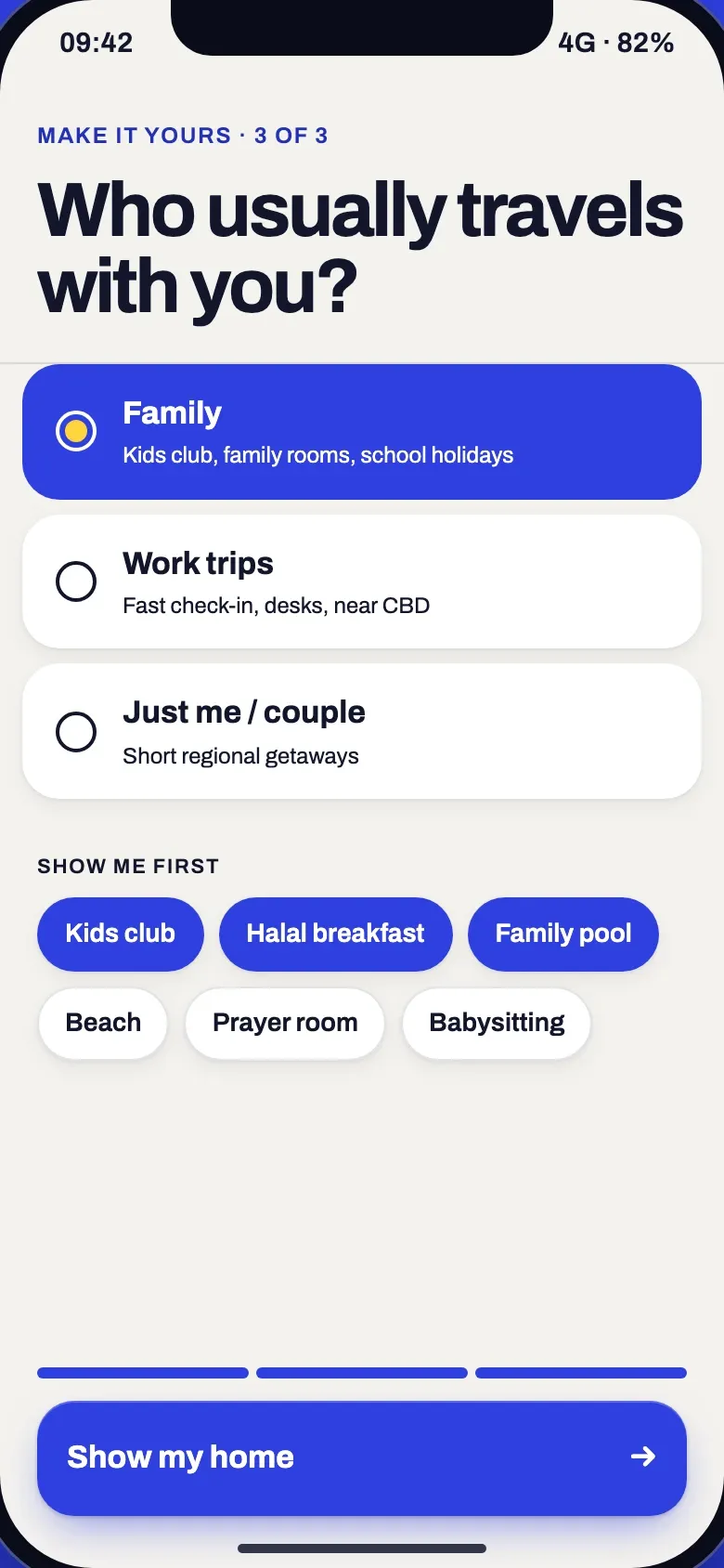 Trip style screen asking who usually travels with the member, with Family selected and kids club, halal breakfast and family pool picked to show first