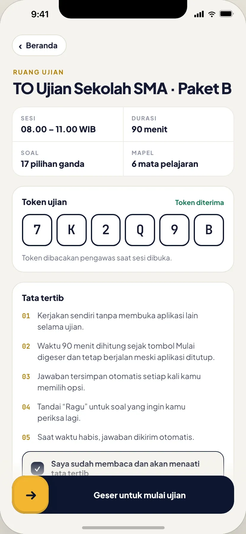 Exam room on a phone with the session, duration and number of questions, the token accepted and the rules, above a slide to start the exam