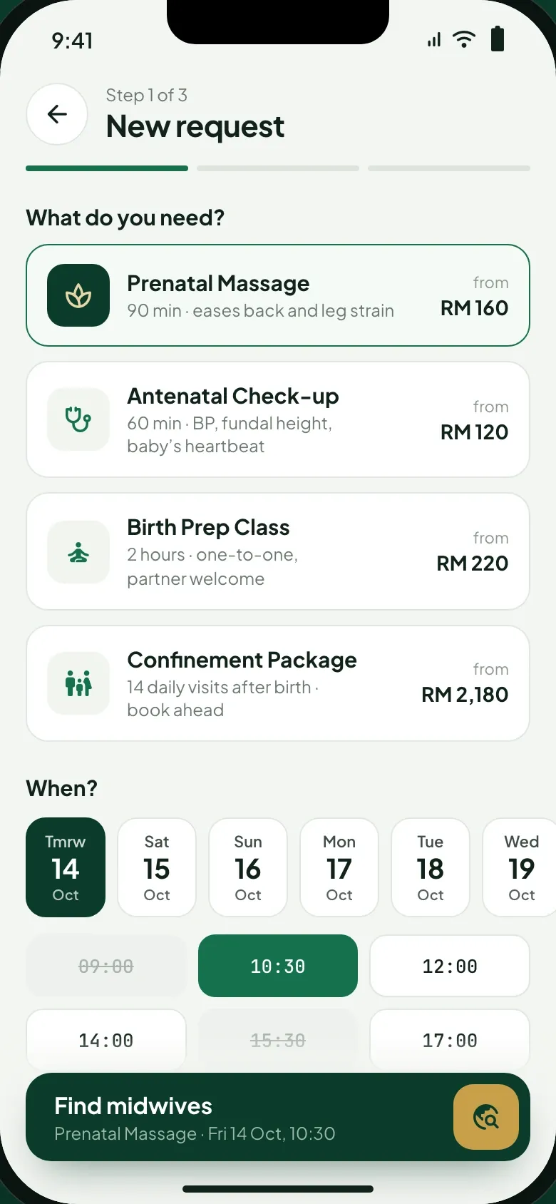 Mother app new request screen with four home-visit services and their prices, a strip of days, time slots with full ones struck out and a button to find midwives