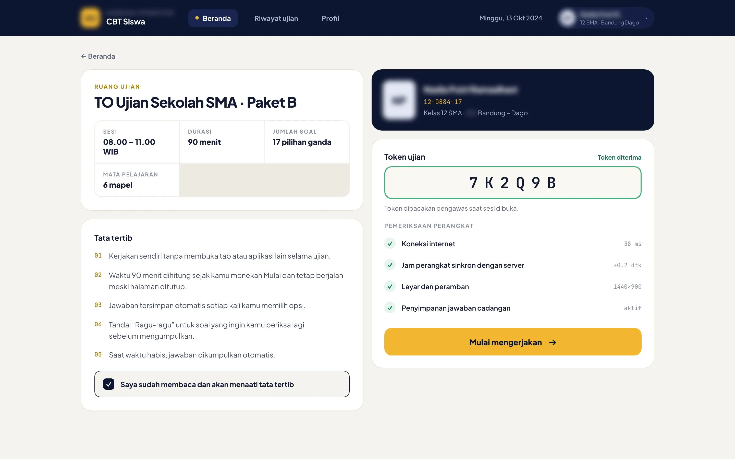 Exam room in the web app with the session, duration and number of questions, the rules agreed, the token accepted and four device checks passed above the start button