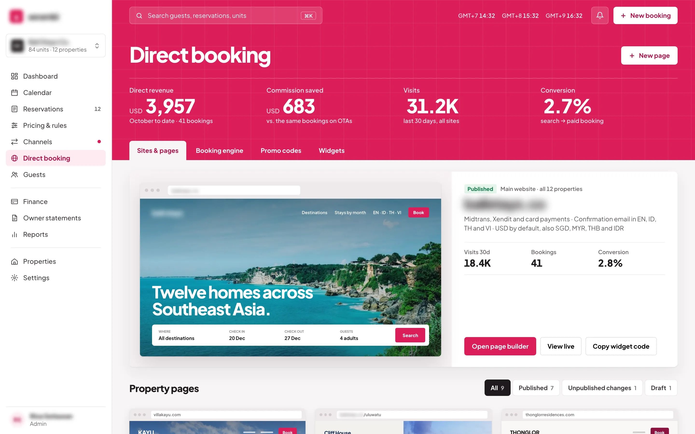 Direct booking overview with direct revenue, commission saved, visits and conversion, and a preview of the operator’s main booking site with a search bar for dates and guests