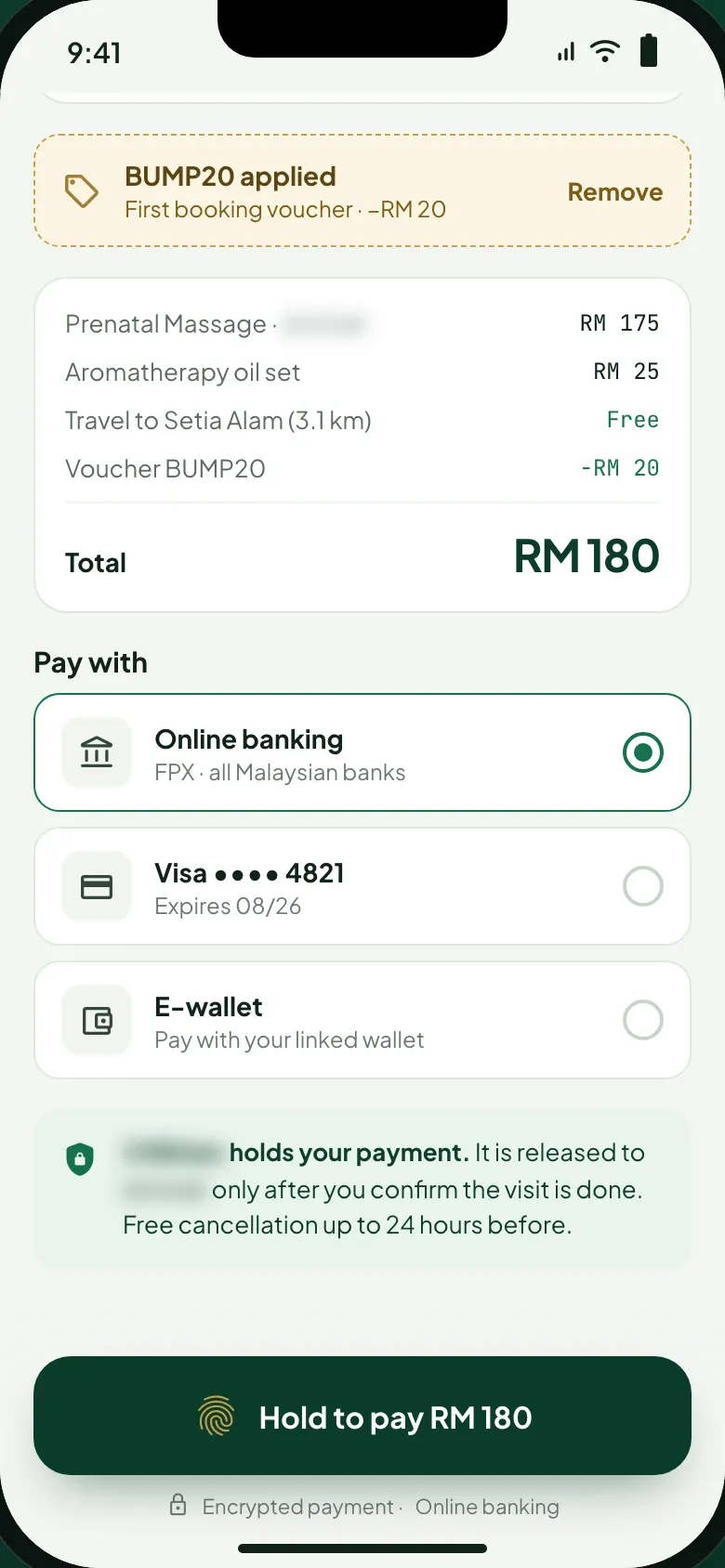 Mother app review and pay screen with the price breakdown and a first-booking voucher, FPX, card and e-wallet options, a note that the payment is held until the visit is done and a hold to pay button