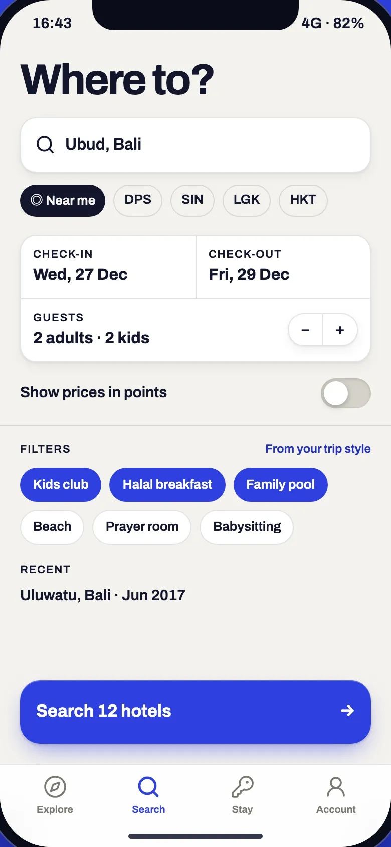 Hotel search for Ubud, Bali with a near-me chip and airport codes, 27 to 29 December, 2 adults and 2 kids, a prices-in-points switch and kids club, halal breakfast and family pool filters from the trip style