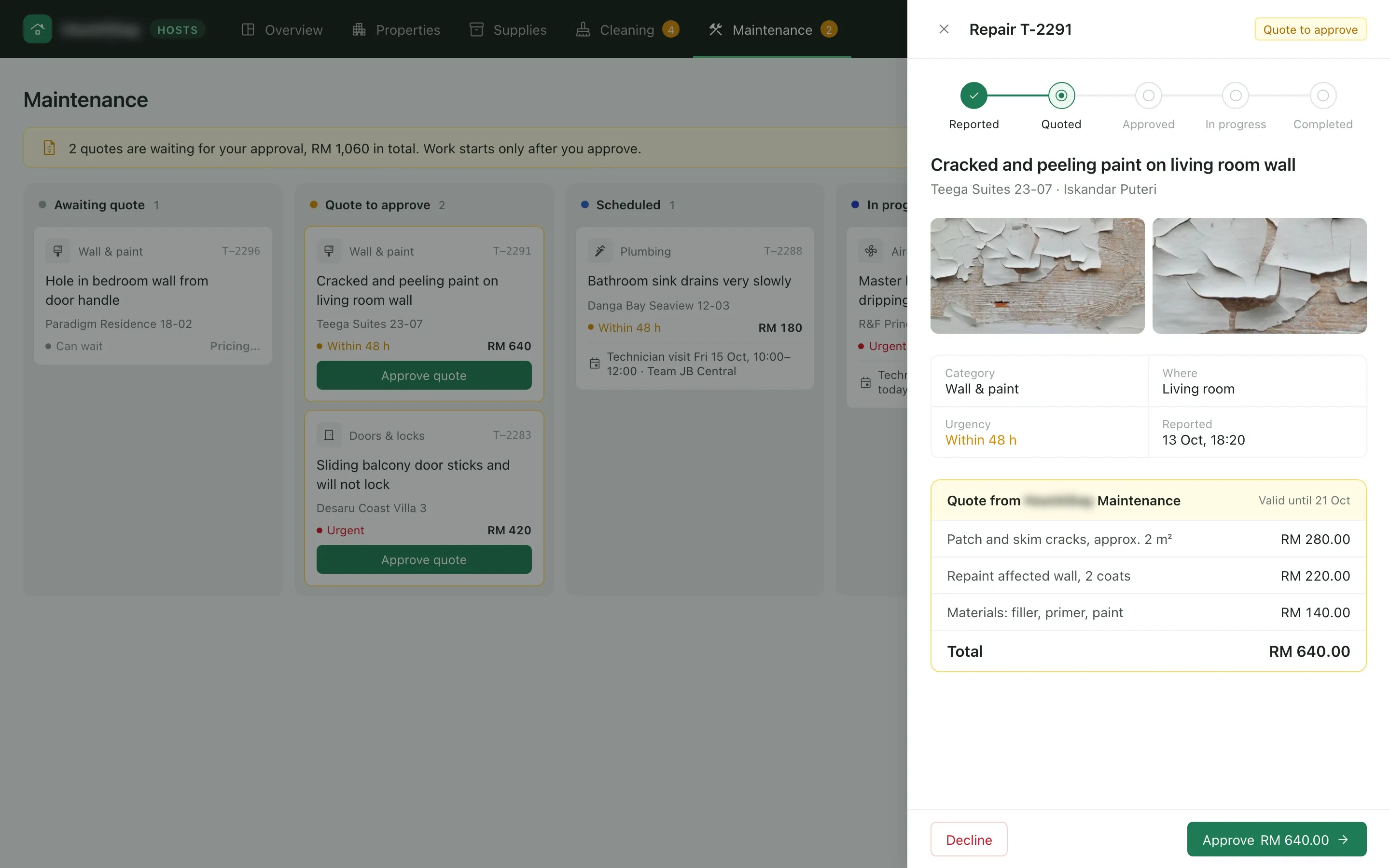 Host portal maintenance board with a repair ticket drawer for peeling paint, two damage photos, the category and urgency, and a RM 640.00 quote with Approve and Decline buttons