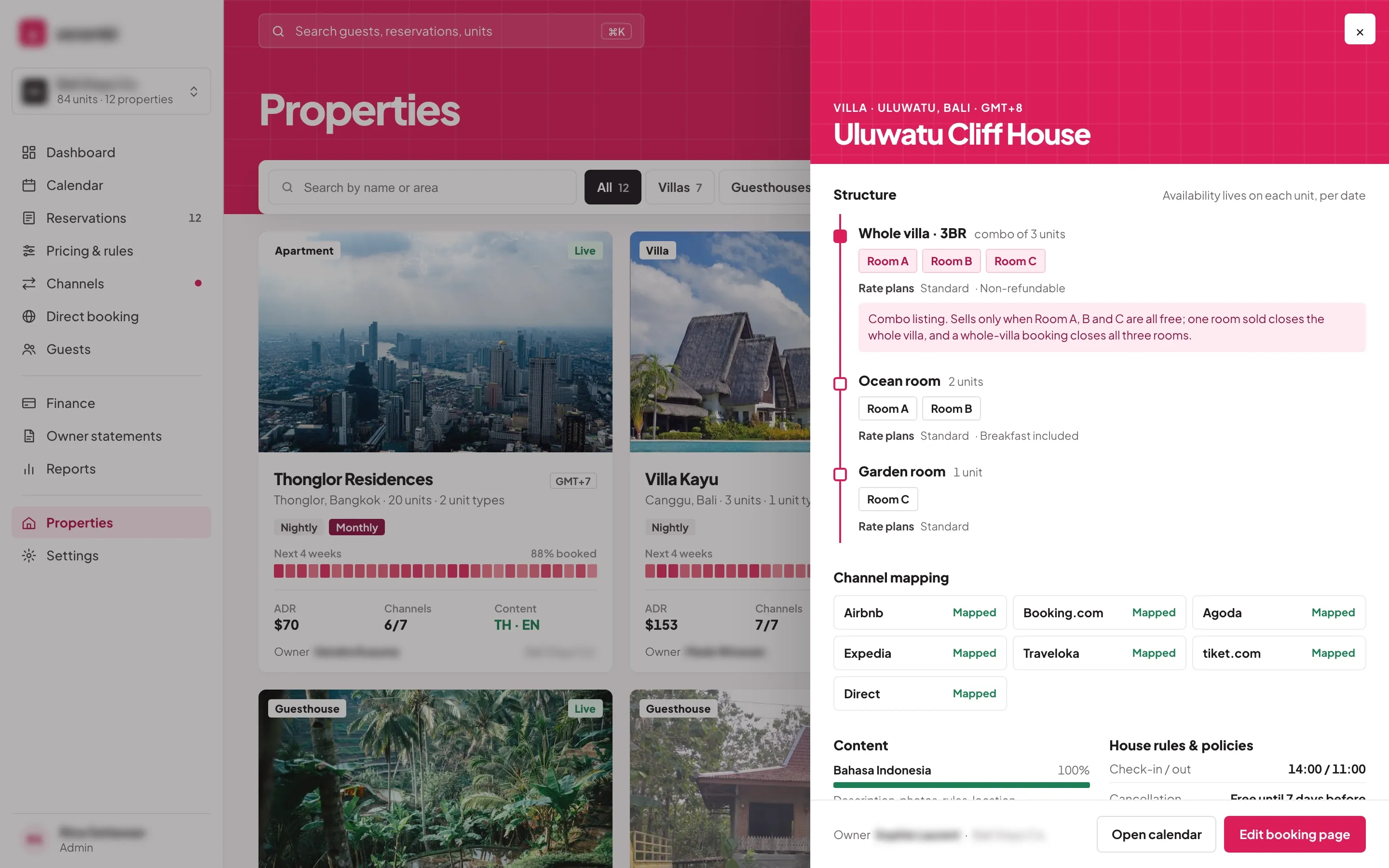 Properties grid led by an apartment block in Thailand, with the drawer for a cliff-top villa in Indonesia open on its combo listing, unit types, rate plans and channel mapping