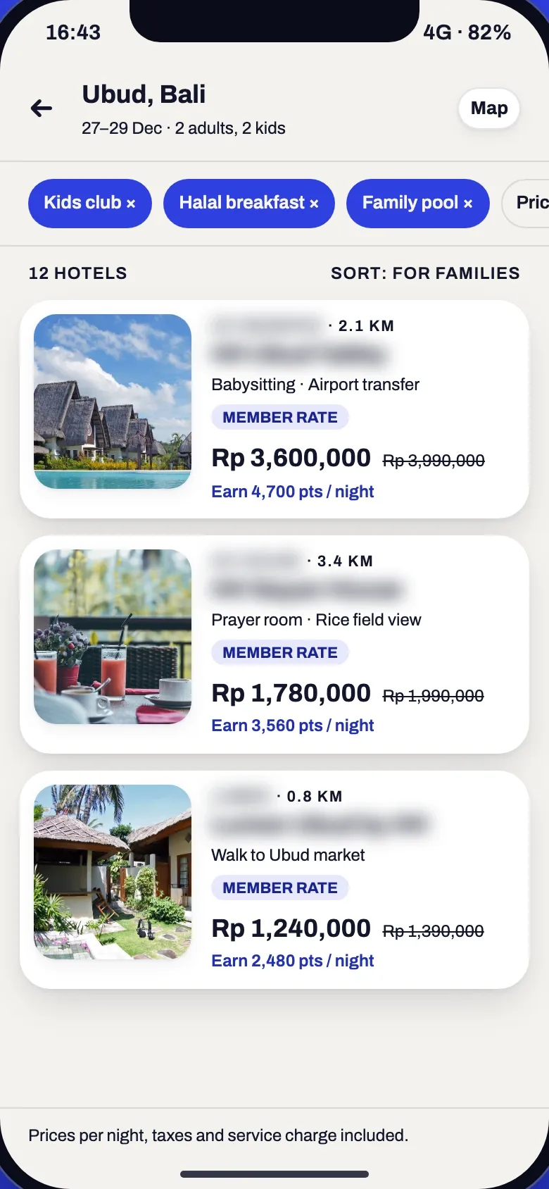Search results for Ubud, Bali with 12 hotels filtered by kids club, halal breakfast and family pool, each with a member rate, the struck-through public rate and the points earned per night