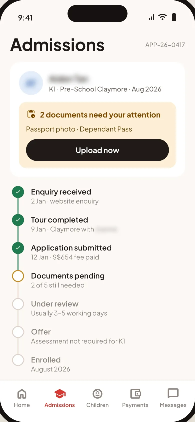 Application status for a K1 applicant with two documents still needed and a timeline from the enquiry to enrolment in August 2026