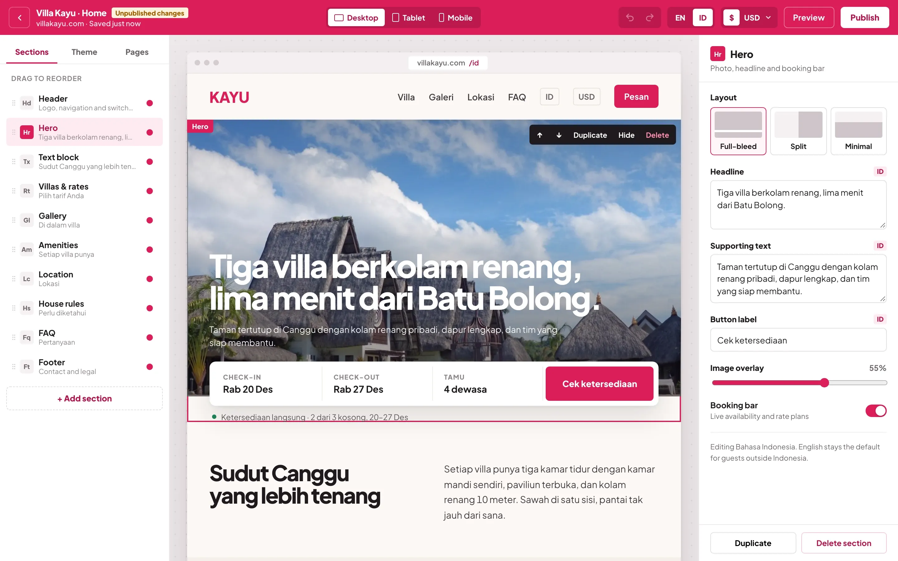Page builder editing a villa’s home page in Indonesian, with the section list, the live preview and the hero settings panel