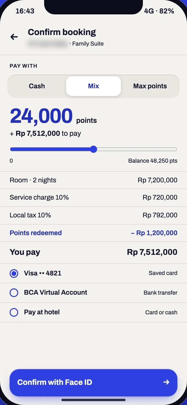 Booking confirmation paying 24,000 points plus cash, with the room, service charge, local tax and the points taken off in rupiah, and a choice of a saved Visa card, bank transfer or paying at the hotel