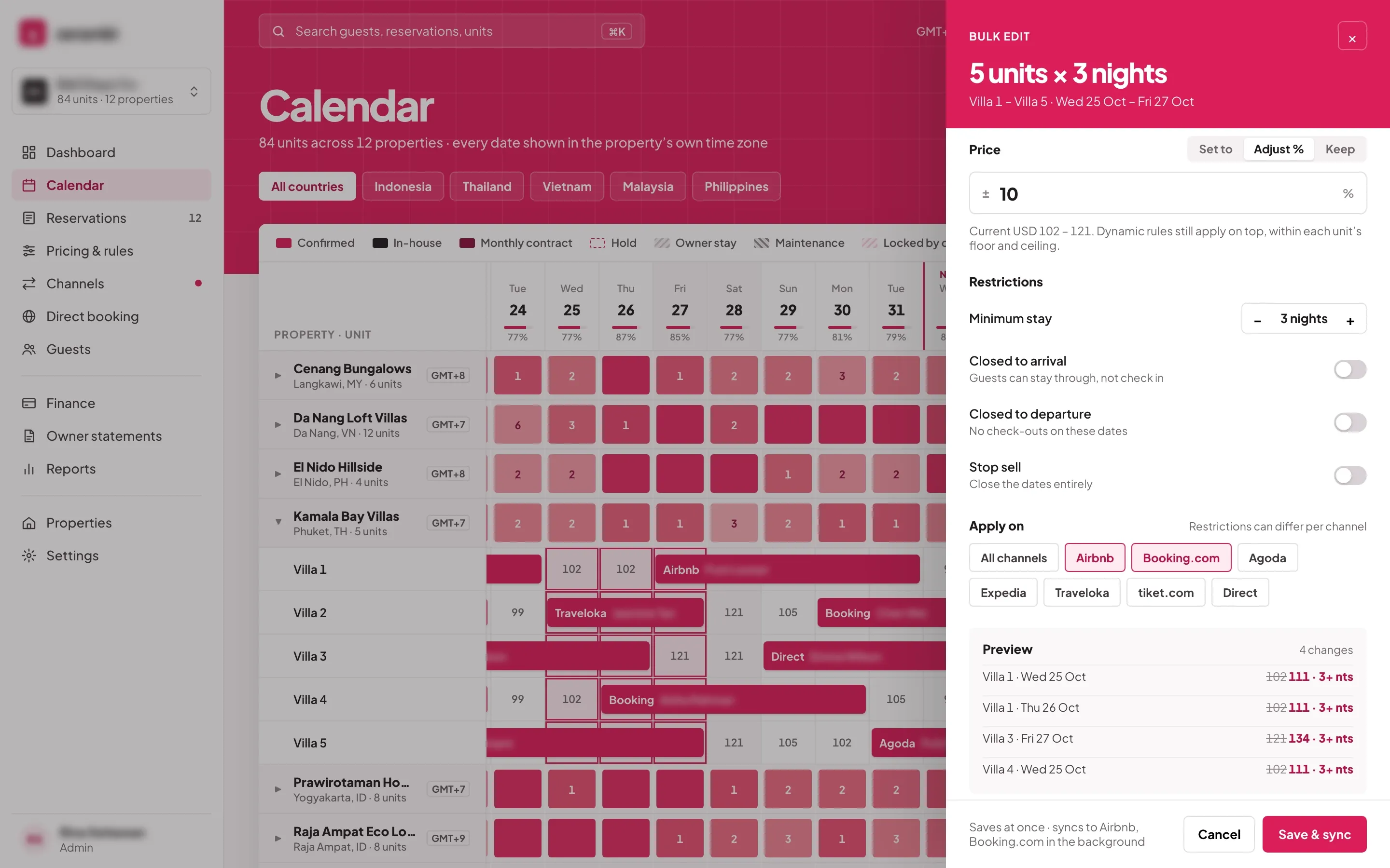 Bulk edit panel for five units over three nights, with a percentage price change, a three-night minimum stay, switches for closed to arrival, closed to departure and stop sell, Airbnb and Booking.com picked, and a preview of the price changes