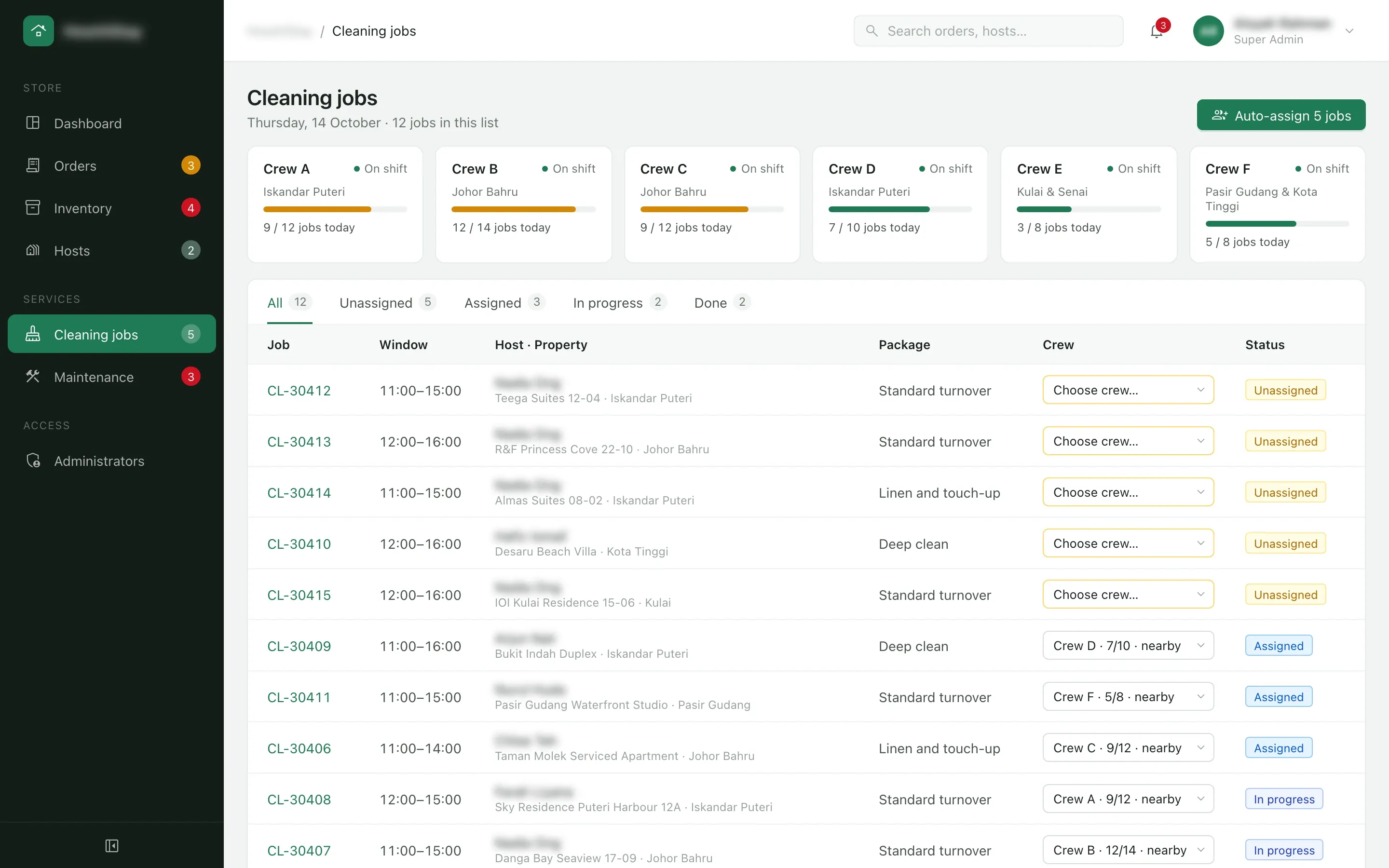 Cleaning jobs page in the admin console with six crew cards showing their area and the day’s load, and a list of 12 jobs, five of them waiting for a crew