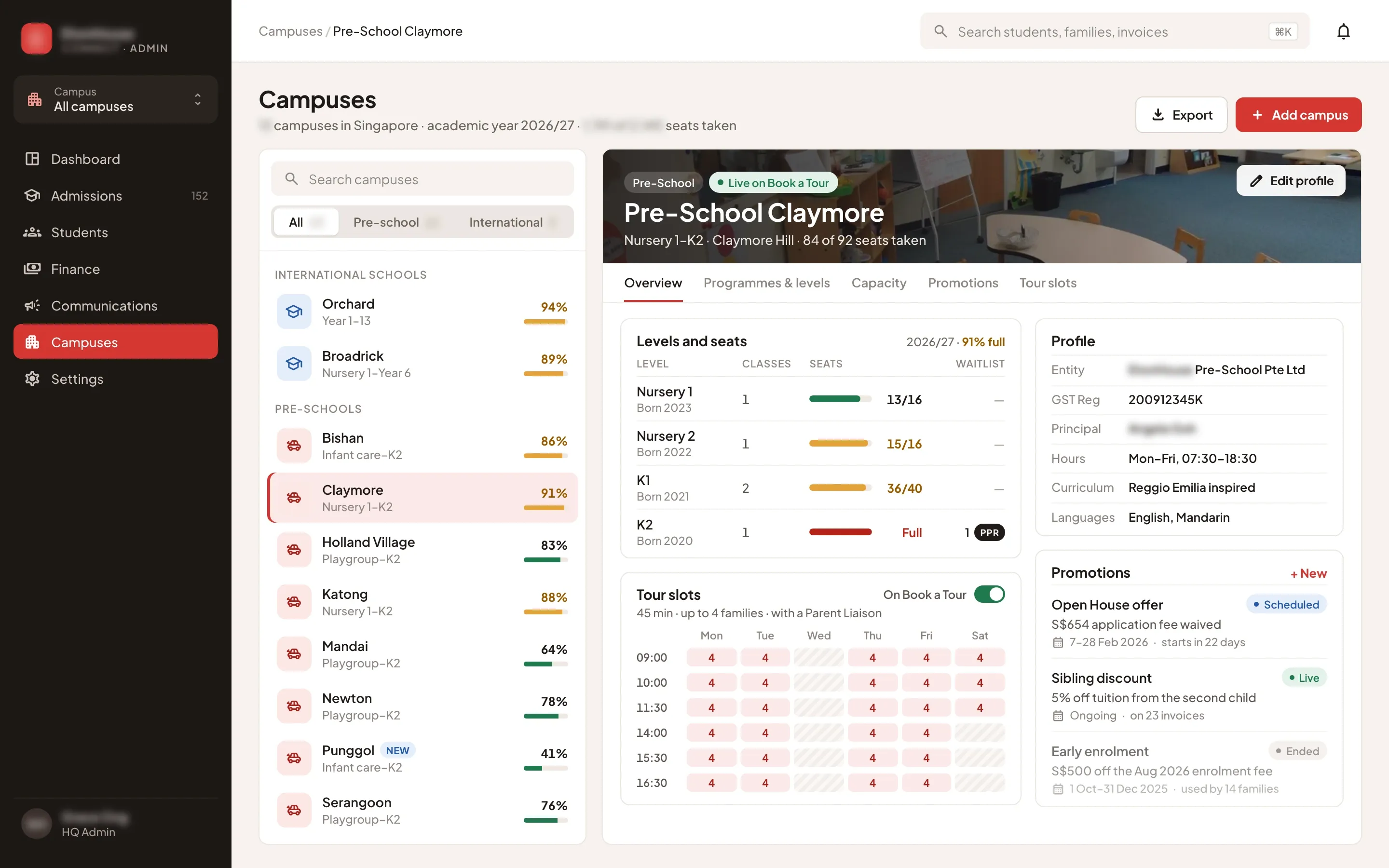 Campuses page listing the international schools and pre-schools with their occupancy, and a pre-school’s profile open on its levels and seats for 2026/27, weekly tour slots, legal entity and three promotions