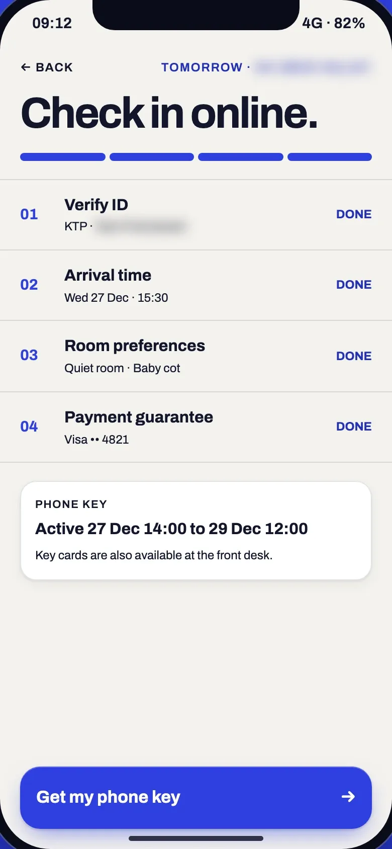 Online check-in for tomorrow with all four steps done, the ID, the arrival time, a quiet room with a baby cot and a card to guarantee payment, above the phone key’s valid dates and a get my phone key button