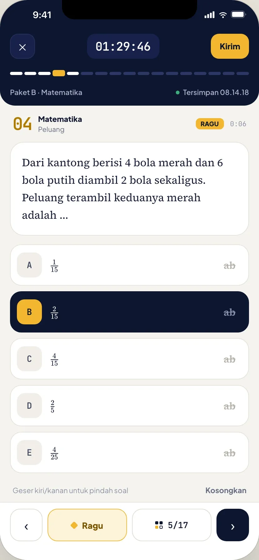 Exam on a phone at question 4 of 17, a probability question with answer B chosen and marked unsure, the timer and progress bar at the top, and buttons for unsure, the question grid and the next question