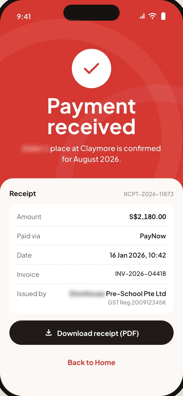 Payment received screen confirming the child’s place for August 2026, with the receipt for S$2,180 paid by PayNow, the invoice number, the issuing company’s GST registration and a button to download it