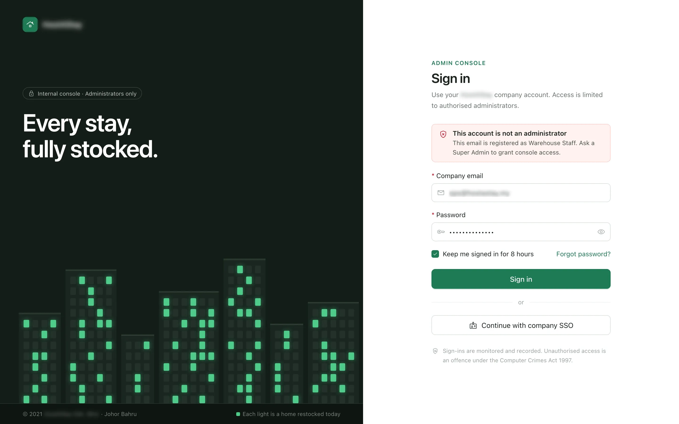 Admin console sign-in for administrators only, with an alert that the account entered belongs to warehouse staff and is not an administrator, the company sign-on button and a notice that sign-ins are recorded