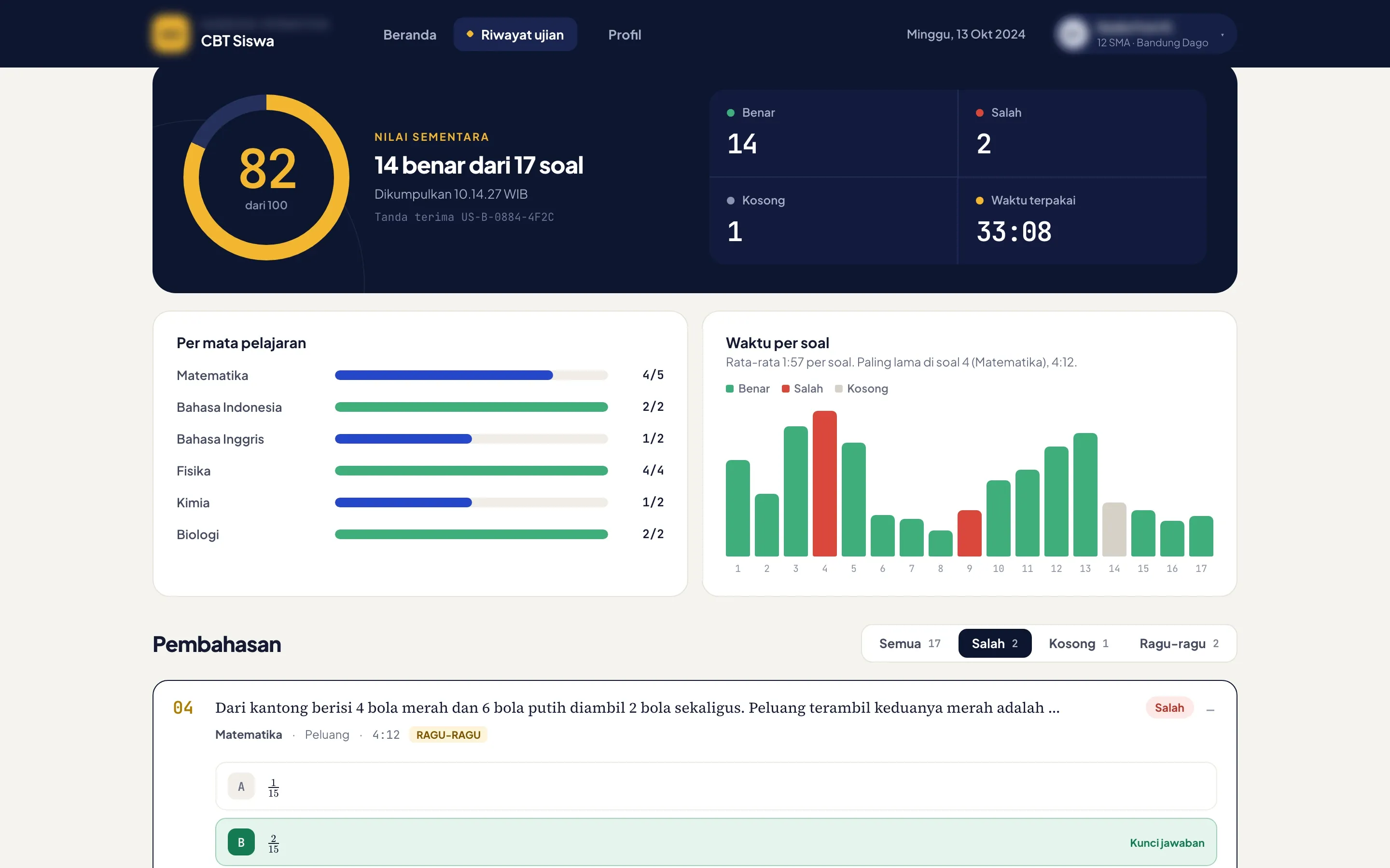 Results in the web app with the provisional score, the right, wrong and blank answers, the time spent, the submission time and receipt code, the score per subject, a chart of time per question and the explanations filtered to wrong answers
